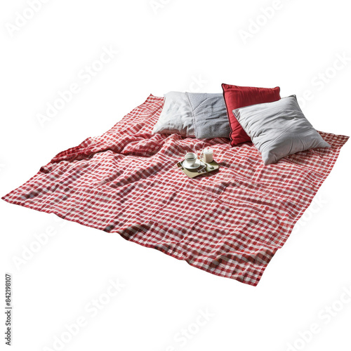 Cozy outdoor picnic setup with a red checkered blanket and comfortable pillows, ideal for relaxation and enjoying tea or coffee.