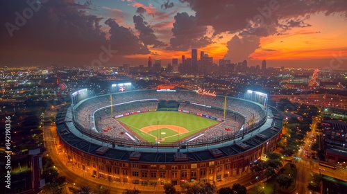 A breathtaking aerial view of a packed baseball stadium at sunset with a stunning city skyline in the background, encapsulating the vibrant atmosphere of game night