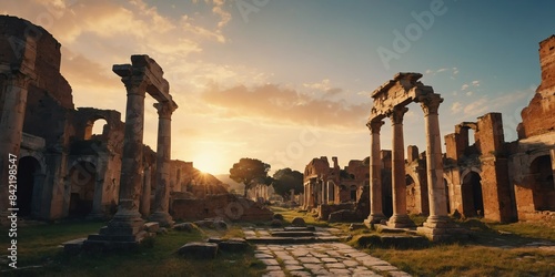 ancient roman ruins at sunset wide angle panoramic symmetric banner background