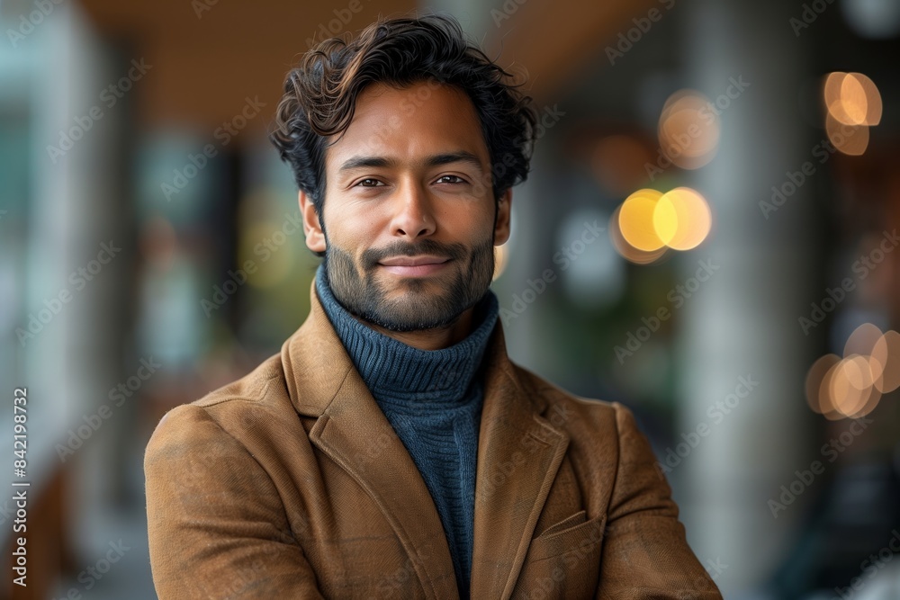 A happy, confident young Indian man in a brown coat stands outdoors with a blurred background A happy, confident young Indian man in a brown coat stands outdoors with a blurred background