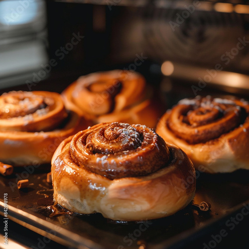 Gorgeous Cinnamon Buns Being Baked in the Oven with spiced sugar pouring out the seams and sugar-powdered over top