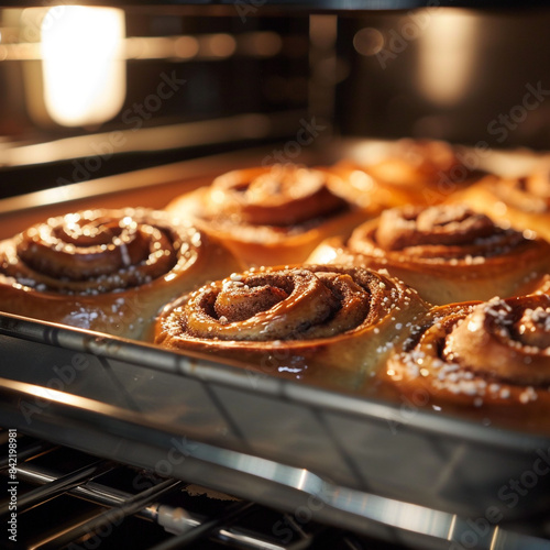 A Dozen Delicious Cinnamon Bun Rolls being baked inside the oven with sugar crystals sprinkled on top