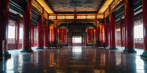 chinese palace interior hallway wide angle panoramic symmetric banner background