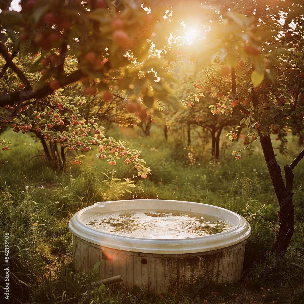 Fototapeta premium A fantasy picturesque garden with a hot tub in the sunset. A fantastic getaway in the countryside with a fairy in the field, a dreamy vibe with gorgeous sunrise and sunset views 