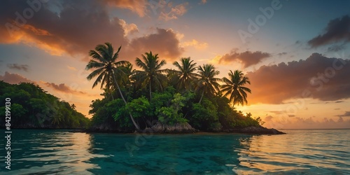 deserted tropical island sunset wide angle panoramic symmetric banner background