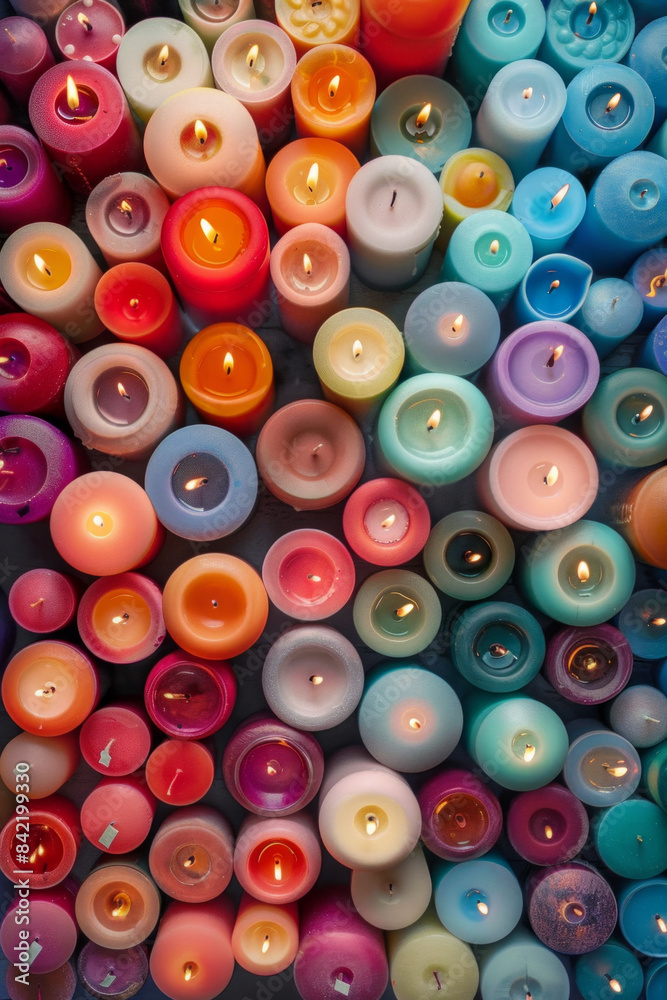 An abundant collection of small candles in various colors and shapes, tightly arranged to fill the entire frame. The candles display a range of hues from pastel to bright. An abundant collection of small candles in various colors and shapes, tightly arranged to fill the entire frame. The candles display a range of hues from pastel to bright.