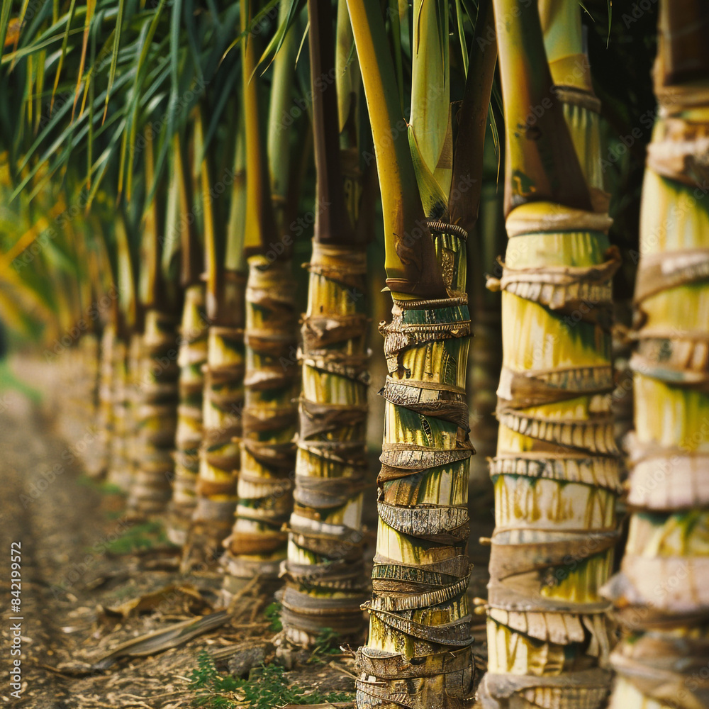 A beautiful row of bamboo ethically grown and harvested in a field plantation on a sunny day A beautiful row of bamboo ethically grown and harvested in a field plantation on a sunny day