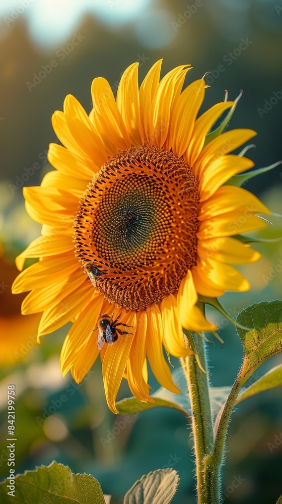 Fototapeta premium A bee pollinating a sunflower on a sunny summer day. 