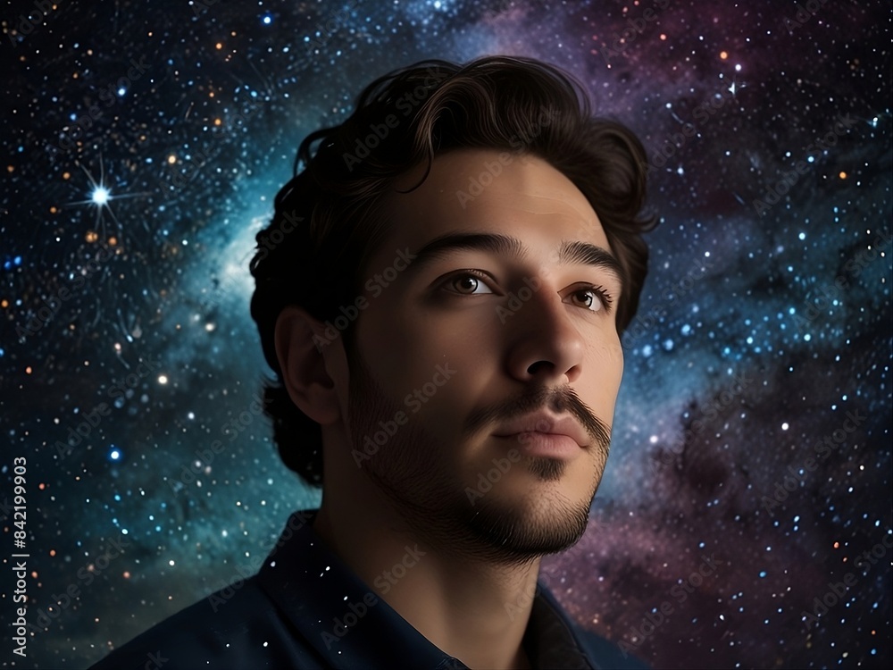 A man's face composed of swirling galaxies and constellations, a symbol of the vastness of the universe. The studio background is a starry A man's face composed of swirling galaxies and constellations, a symbol of the vastness of the universe. The studio background is a starry