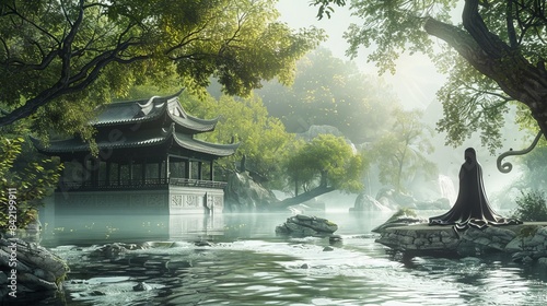 Harmonious Reflection: A Serene Individual Contemplating Laozi's Daoist Philosophy by a Flowing River with Yin-Yang Symbols and Ancient Trees photo