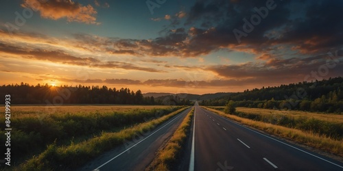 highway on forest sunset wide angle panoramic symmetric banner background