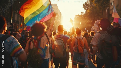 Wallpaper Mural A vibrant image displaying a diverse group of individuals participating in a Pride march, capturing the joy, sunlit ambiance, and feeling of unity under a large rainbow flag Torontodigital.ca