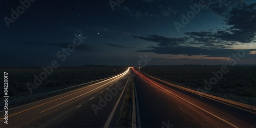 highway on plains at night wide angle panoramic symmetric banner background