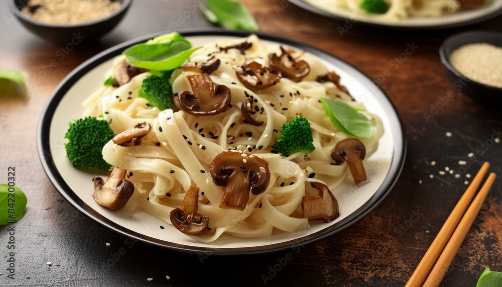 Asian vegetarian food udon noodles with baby bok choy, shiitake mushrooms, sesame and pepper close-up on a plate. Asian vegetarian food udon noodles with baby bok choy, shiitake mushrooms, sesame and pepper close-up on a plate.