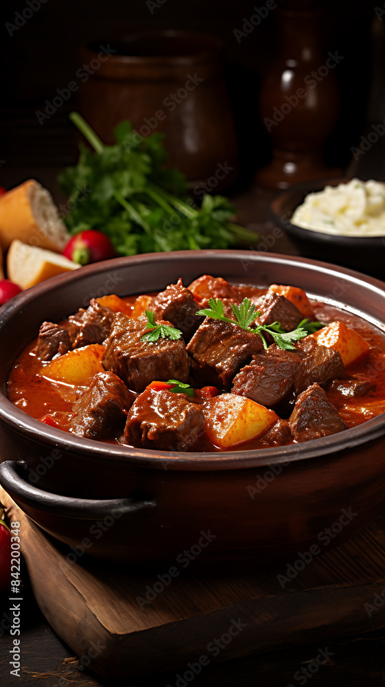 Beef Bourguignon in a clay pot on a dark background Beef Bourguignon in a clay pot on a dark background