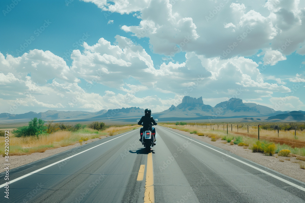 Motorcyclist driving down an American scenic route 66 highway, depicting a classic travel journey, perfect for a vacation wallpaper, with plenty of copy space Motorcyclist driving down an American scenic route 66 highway, depicting a classic travel journey, perfect for a vacation wallpaper, with plenty of copy space