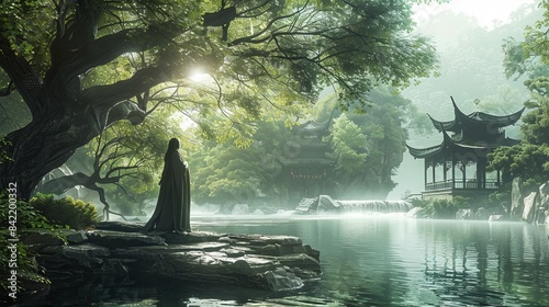 Immersed in Laozi's Daoist Philosophy: A Serene Individual by a Flowing River with Ancient Trees and Traditional Pavilions, Highlighting Tranquility and Natural Harmony