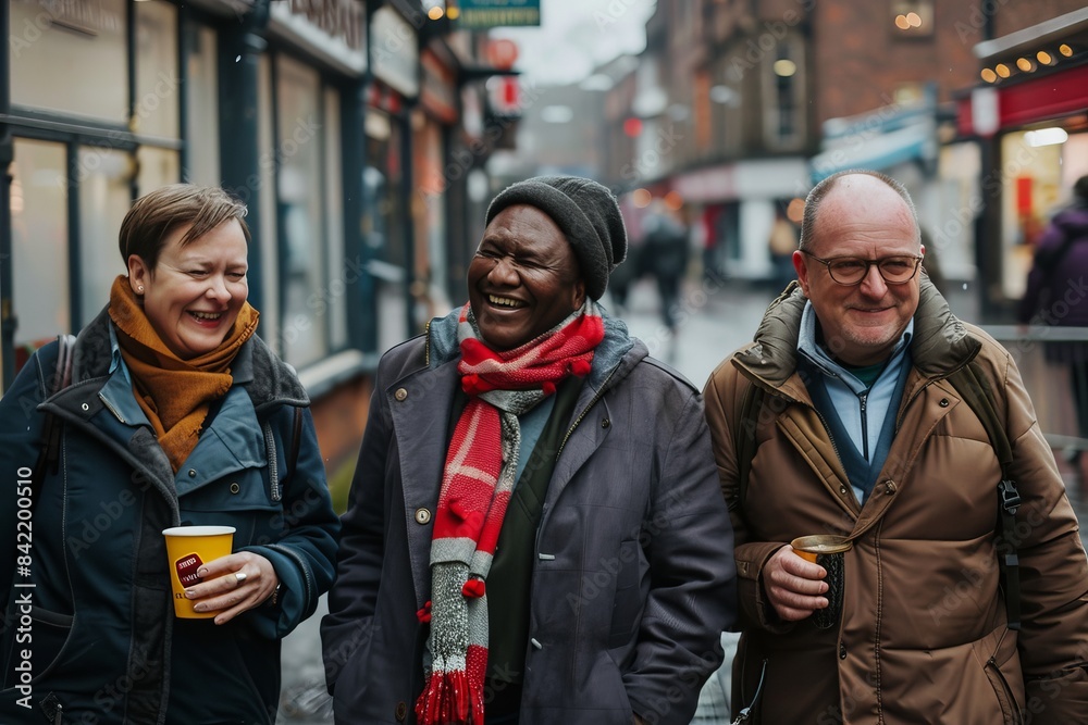 Group of senior friends walking in the street, talking and drinking coffee Group of senior friends walking in the street, talking and drinking coffee