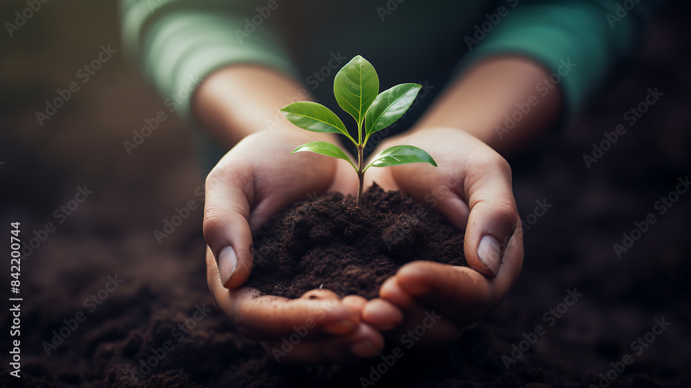 Close up of human hands holding green plant with soil over blurred background Close up of human hands holding green plant with soil over blurred background