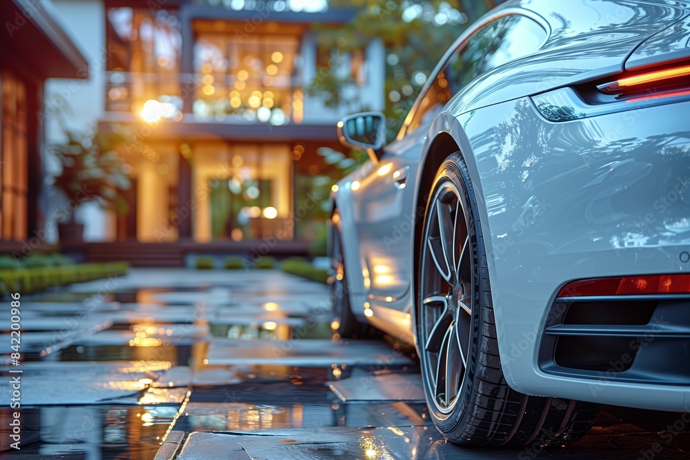 A close-up of a silver sports car parked in front of a modern home with a wet, stone driveway A close-up of a silver sports car parked in front of a modern home with a wet, stone driveway