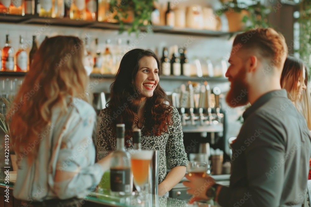 Young woman and man sitting at bar counter in pub and talking. Young woman and man sitting at bar counter in pub and talking.