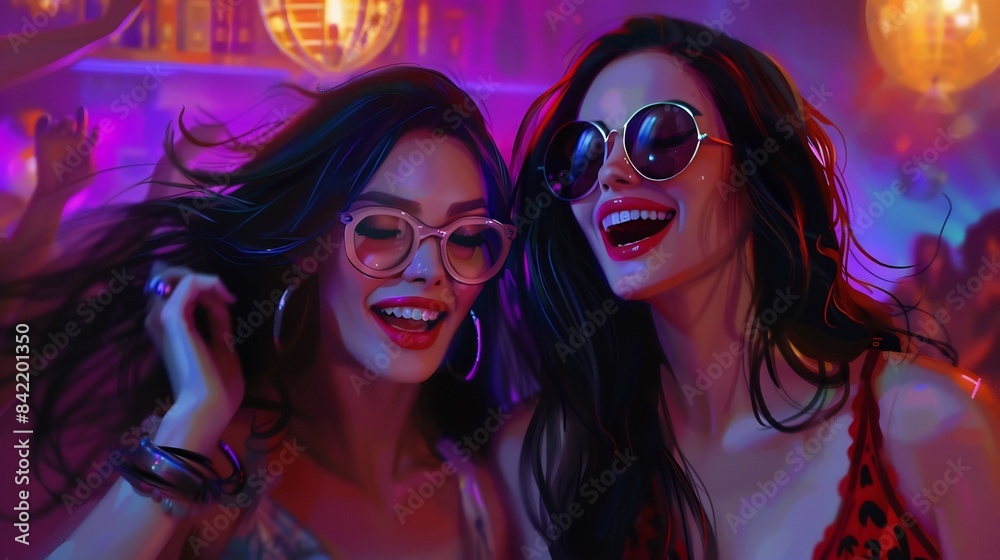 Elegant persian girl , cute face, big eyes big leep, digital painting, glasses, black hair, fashion magazine, she laughs. Two women dancing in a club party Elegant persian girl , cute face, big eyes big leep, digital painting, glasses, black hair, fashion magazine, she laughs. Two women dancing in a club party