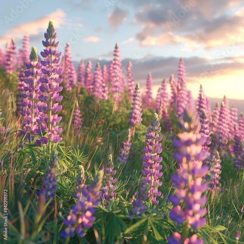 Beautiful purple lupine flowers on a hillside with the sun shining through them. 
