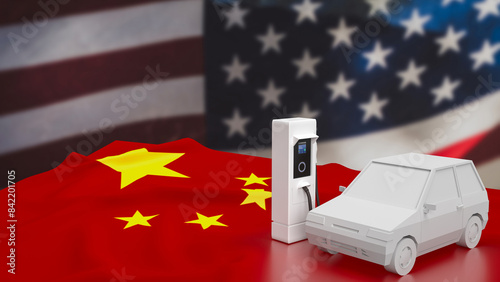 Photography The Ev car on Usa and china flag for Business or technology concept 3d rendering