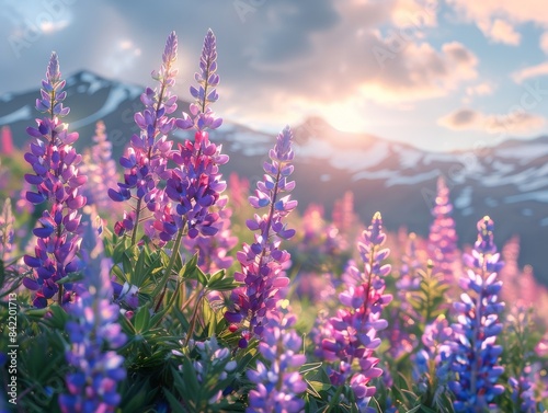 Beautiful purple lupine flowers on a hillside with the sun shining through them. 