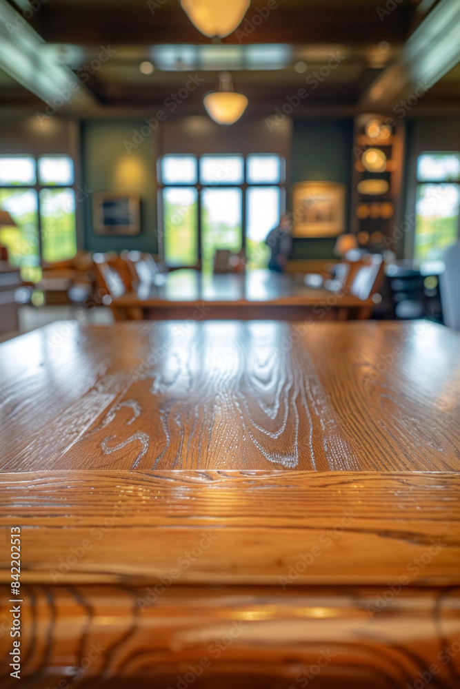 A wooden table in the foreground with a blurred background of a golf clubhouse. The background features comfortable seating, golf memorabilia on the walls, windows with views of the golf course A wooden table in the foreground with a blurred background of a golf clubhouse. The background features comfortable seating, golf memorabilia on the walls, windows with views of the golf course