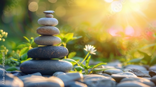 A stack of smooth  round stones balanced on top of each other with a small white flower growing next to it. The background is blurred  with a bright light shining from the right. The overall effect is