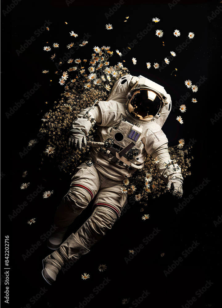 Fototapeta premium an astronaut in a box outline against a solid black background, falling flowers, abstract photography, old photography, 16k, hyper quality