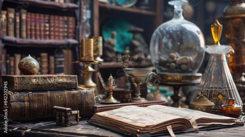 Background with ancient books and curio objects