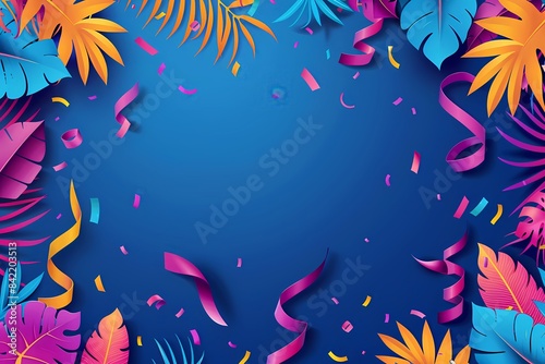 Festive background with colorful tropical leaves, flowers, lights and confetti. Summer party, Songkran festival or Brazilian carnival. Template with copy space for banner, poster, card