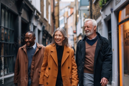 senior couple walking in the city with shopping bags and looking at camera © Asier