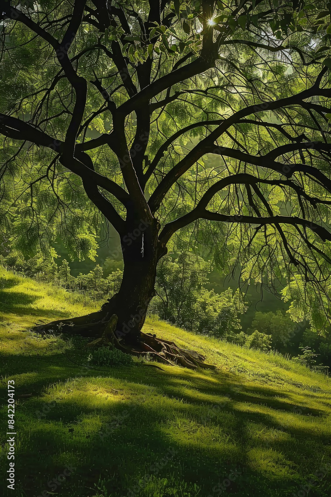 A low angle view of an old strong tree with branches extending out, sunlight penetrating through the leaves A low angle view of an old strong tree with branches extending out, sunlight penetrating through the leaves