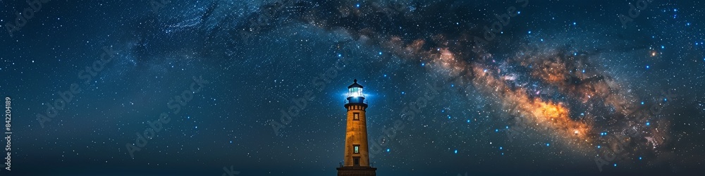 Naklejka premium A beautiful lighthouse at night with the milky way visible in the night sky. 