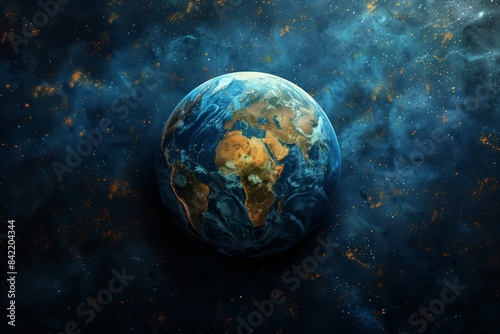 A close-up view of Earth from space  showing the continents in detail against a dark blue backdrop with twinkling stars