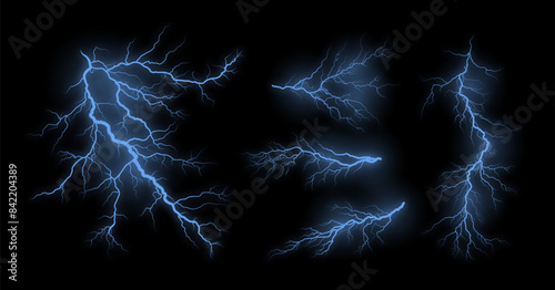 Lightning effect. Electric blue thunder rays, electric strike. Vector set