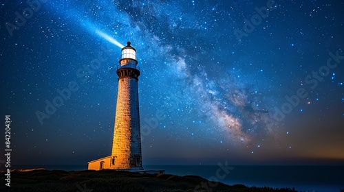 A beautiful lighthouse at night with the milky way visible in the night sky. 
