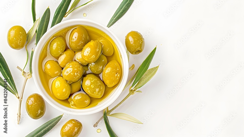 Olive oil. Greek olive oil in glass transparent bowl with branches with leaves and olives, with copy space. Close-up, Isolated on white background. Olive oil. Greek olive oil in glass transparent bowl with branches with leaves and olives, with copy space. Close-up, Isolated on white background.