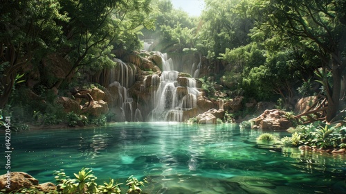 Emerald water and natural pool at a waterfall photo