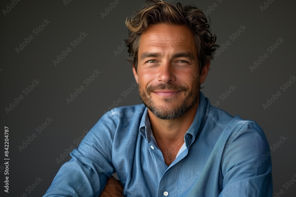 A portrait of a smiling businessman wearing a blue shirt against a gray background A portrait of a smiling businessman wearing a blue shirt against a gray background