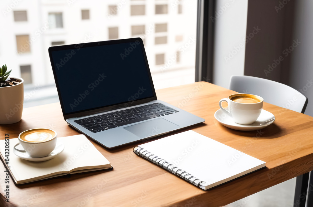 Organized Student Desk with Laptop, Notebook, and Coffee on Clean Background Organized Student Desk with Laptop, Notebook, and Coffee on Clean Background