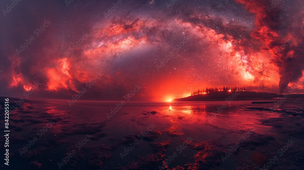 Milky Way Over Fiery Sunset Beach. The Milky Way galaxy shines above a beach, illuminated by a fiery sunset, creating a dramatic and breathtaking scene. Milky Way Over Fiery Sunset Beach. The Milky Way galaxy shines above a beach, illuminated by a fiery sunset, creating a dramatic and breathtaking scene.