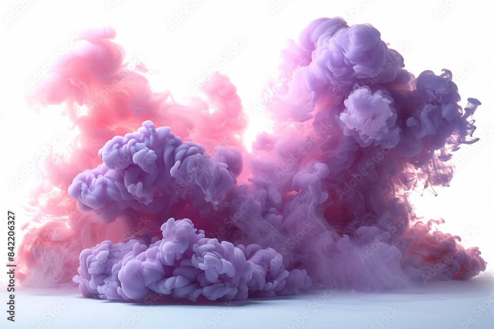 An abstract image of a purple and pink smoke explosion isolated on a white background
