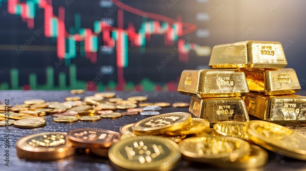 Gold Price Trends Shown on Financial Graph with Gold Bullion on Desk Gold Price Trends Shown on Financial Graph with Gold Bullion on Desk