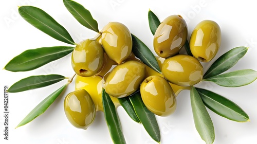 Wallpaper Mural Delicious big green olives in an olive oil with leaves, isolated on white background, view from above Torontodigital.ca