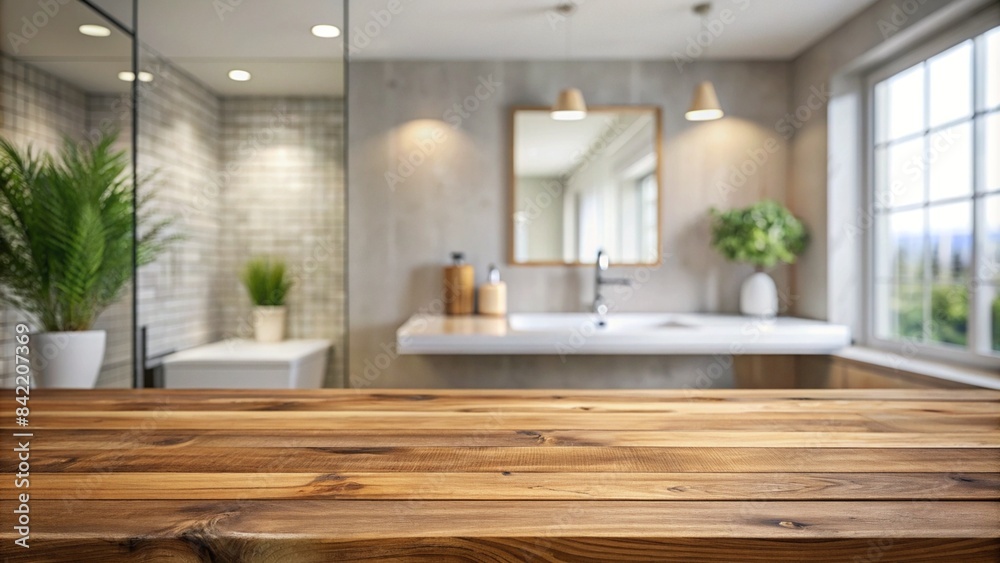 Fototapeta premium Bathroom interior, blank wooden table top free, blurred bathroom concept for space for your decor.