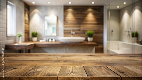 Bathroom interior, blank wooden table top free, blurred bathroom concept for space for your decor. 